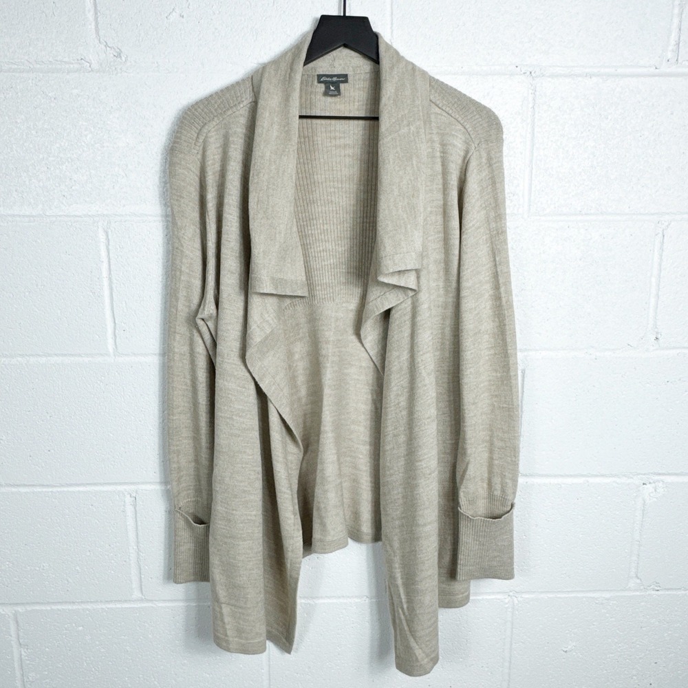 Eddie‎ Bauer Womens Large Oatmeal Merino Wool Blend Open Front Cardigan Sweater